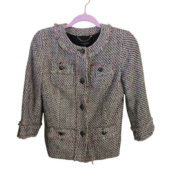 Talbots Pink Green Black Tweed Raw Hems 3/4 Sleeve Trending Blazer Size 2p - Picture 1 of 5